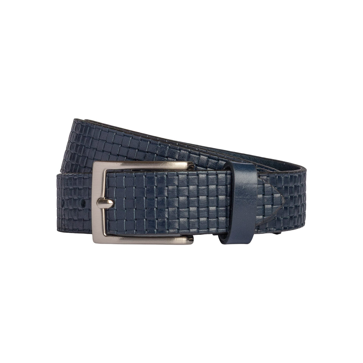 RB4028D | Cintura Uomo con Stampa Allover Made in Italy in Vero Cuoio Conciato al Vegetale. Fibbia in finitura Argento Satinato. Colore Blu. Dimensioni: cm 125 x 3,5 x 0,5 (giro vita cm 110)