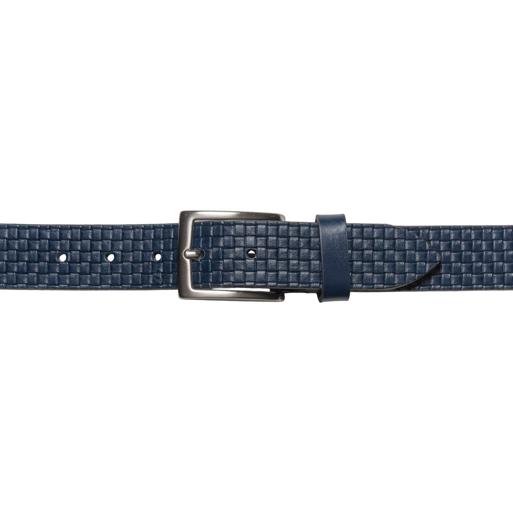 RB4028D | Cintura Uomo con Stampa Allover Made in Italy in Vero Cuoio Conciato al Vegetale. Fibbia in finitura Argento Satinato. Colore Blu. Dimensioni: cm 125 x 3,5 x 0,5 (giro vita cm 110)